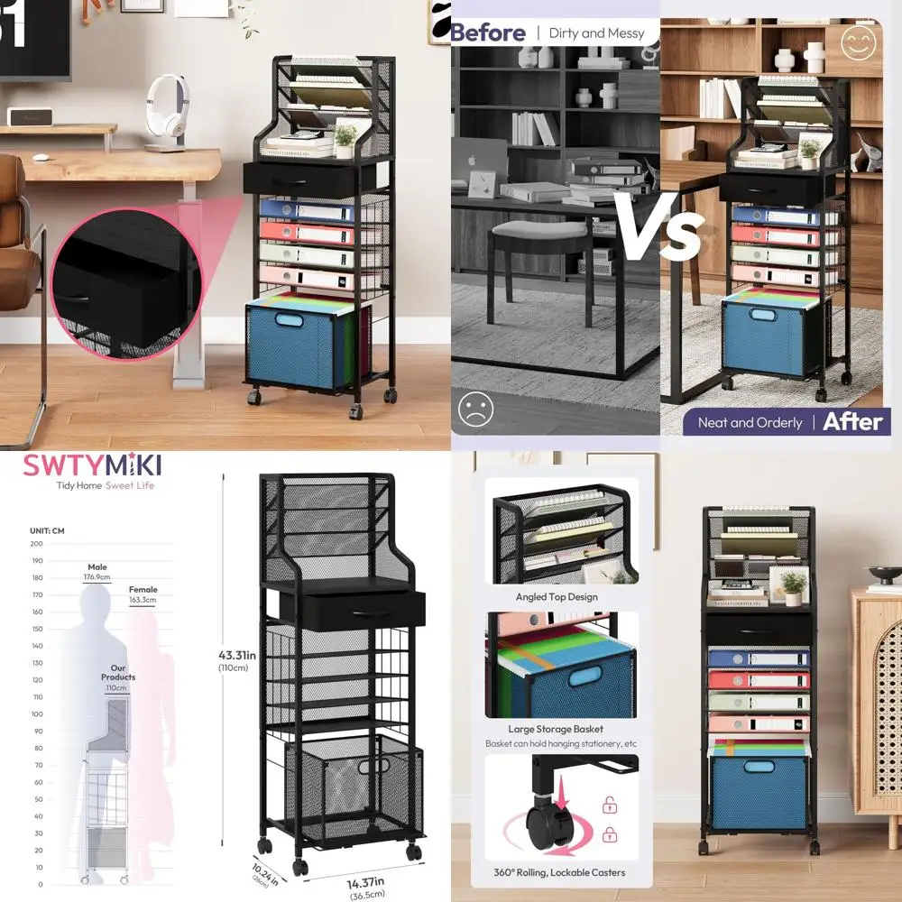 

10-уровневая сетчатая тележка для документов с выдвижным ящиком и блокируемыми колесами, передвижной органайзер для офиса, дома или школы, черный