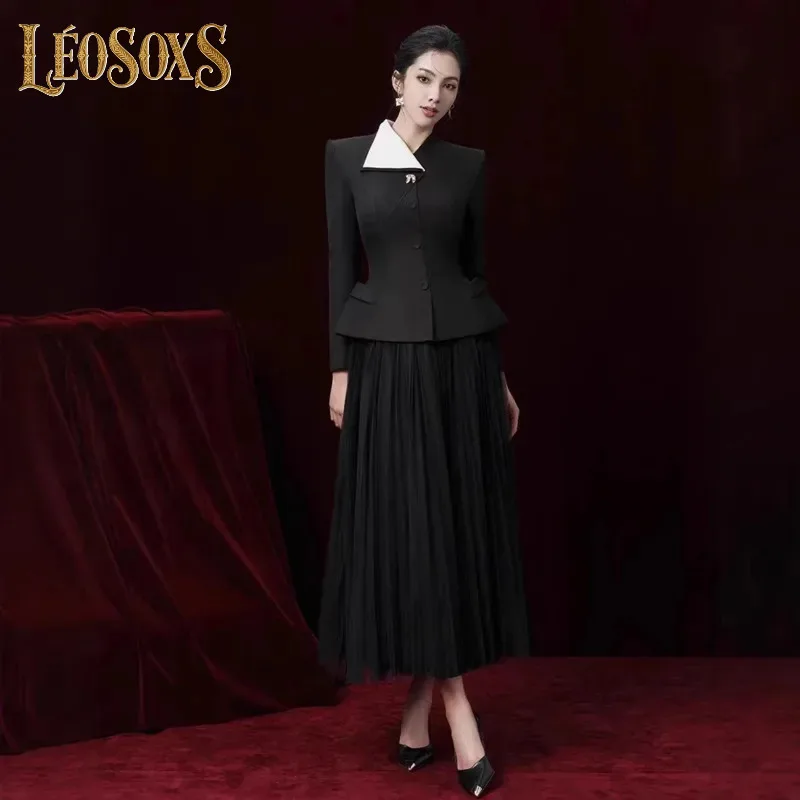 LEOSOXS Women Skirt Set Asymmetric Collar Buttoned Jacket Black Tulle High Waist Two Piece Embellished 2025 Autumn New Outfit