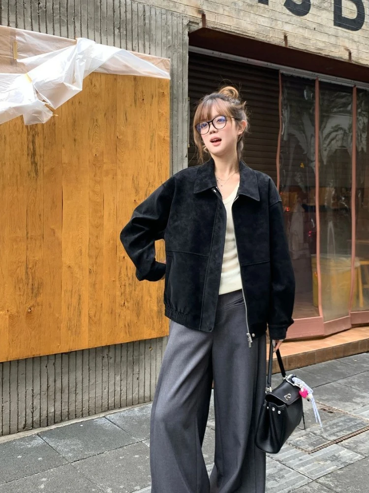 Chaqueta de béisbol de gamuza Camel para mujer, abrigo recortado de estilo universitario coreano, ropa de abrigo de gamuza sintética suave y pequeña, otoño y primavera