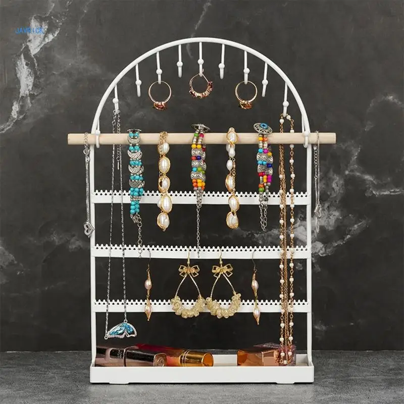 Jewelry Stand Hanging Holder Tiered Jewelry Display Rack Metal Jewelry with Wooden Tray & Hook Tabletop Rack