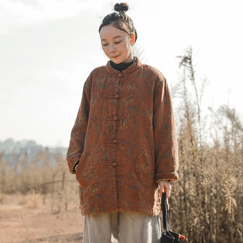 100% Cotton Women Casual Quilted Coat New 2026 Autumn Chinese Style Stand Collar Floral Print Female Thick Warm Jackets M3021