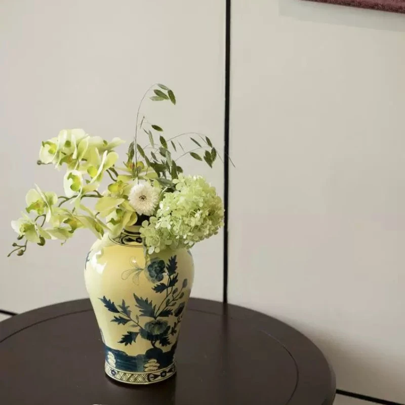 Vase hand painted yellow contrasting ink blue