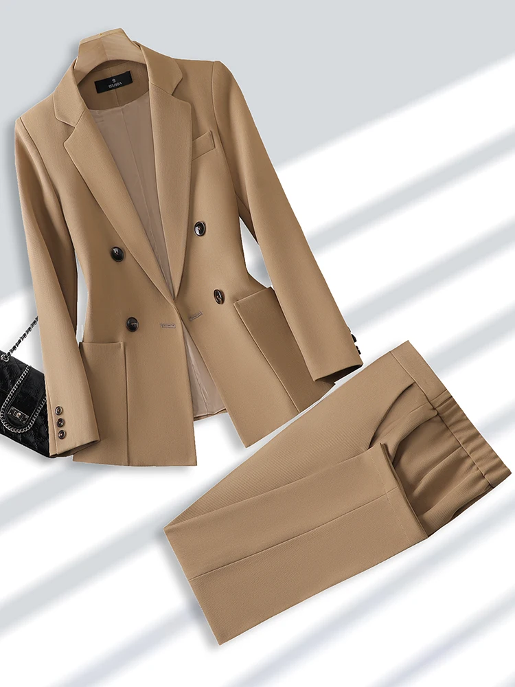 Fashion Ladies Pant Suit Formal Women Office Business Work Wear Blazer And Trouser Beige Black Khaki 2 Piece Set With Pocket