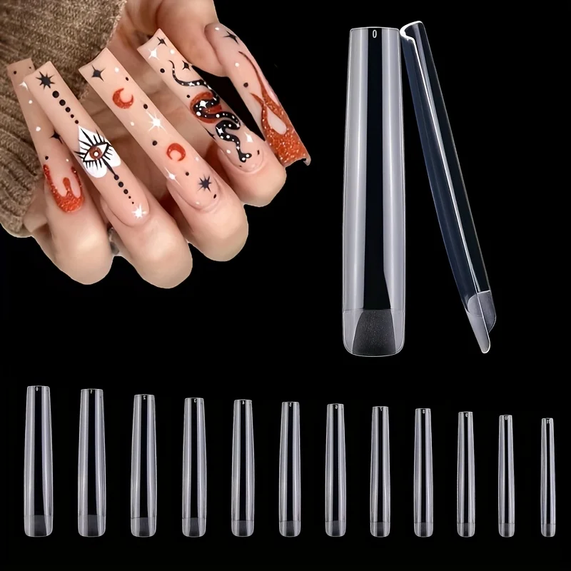 24 Pieces of Extra-Long Rectangular 12-Size Nail Tips, Transparent Full and Half Cover Fake Nails, Traceless Fake Nail Patches