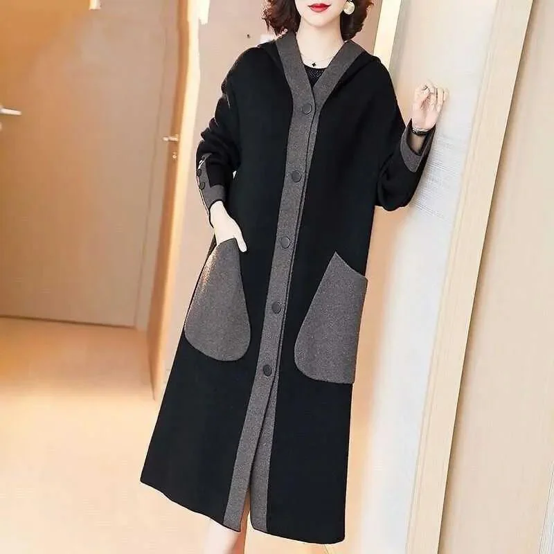 Fashion Hooded Button Spliced Pockets All-match Coats Women Clothing 2023 Autumn New Oversized Casual Tops Loose Commute Trench