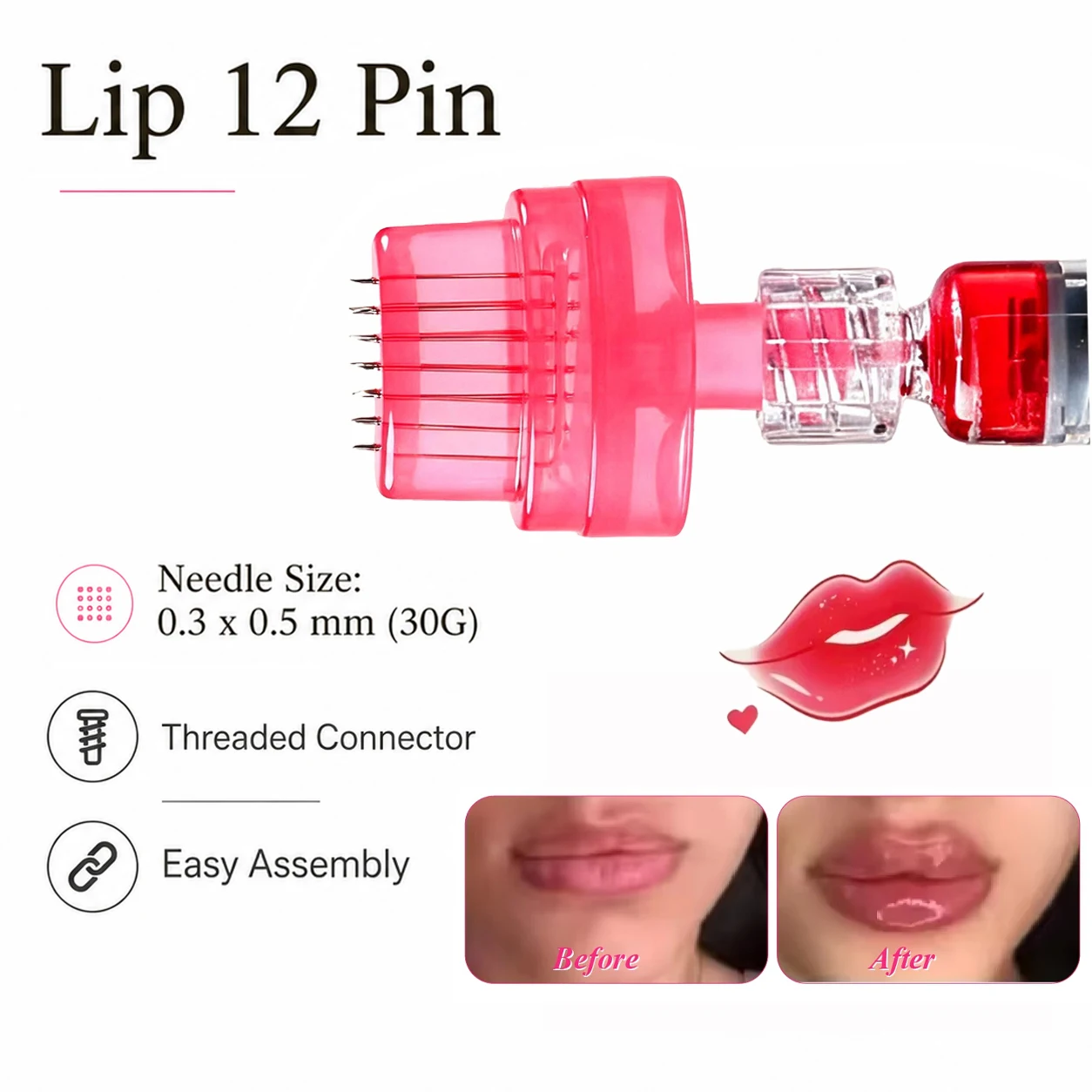 5Pcs/10Pcs, Sterile 12Pin Lip Needle with Luer Lock 30G 0.5mm Lip Booster Nano Needle for Lip Moisture Care Hydration Care