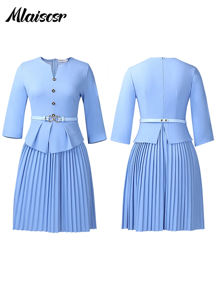 Mlaiscsr Elegante Kantoor Jurk met Riem voor Vrouwen Blauw O-hals Peplum Geplooide 3/4 Mouwen Afrikaanse Vrouwelijke Herfst Avondjurken Gewaad