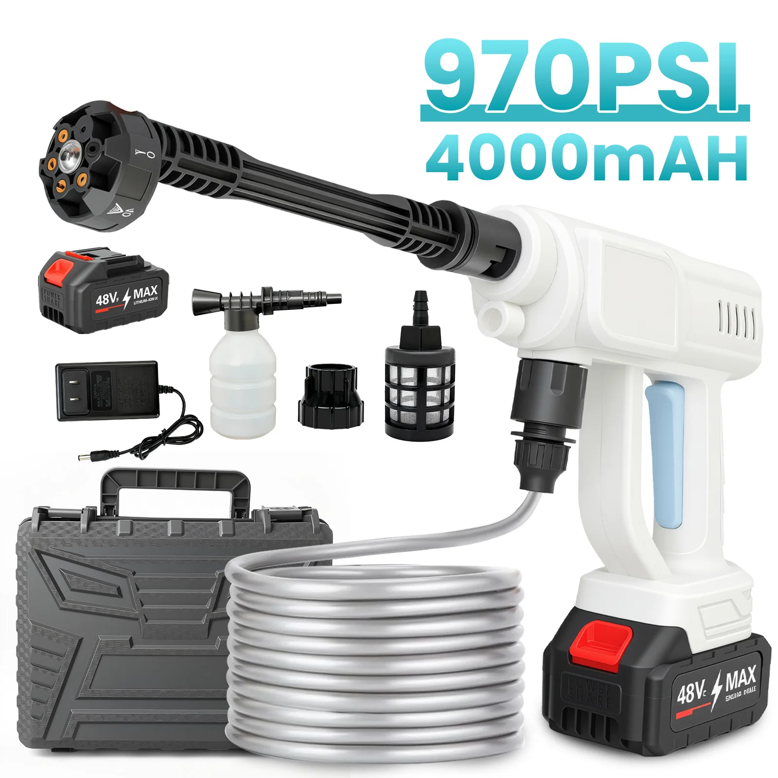 Cordless Pressure Washer 21V 970PSI High-Pressure Car Wash Water Gun Portable 6-In-1 Nozzle 4.0Ah Battery for Balcony Floor Cleaning Car Washing Watering Plants