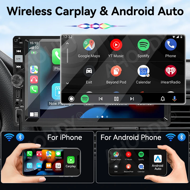 AHOUDY 2 Din راديو السيارة 7 "اللاسلكية Carplay أندرويد السيارات HD شاشة تعمل باللمس وحدة رأس السيارة Mirrorlink 12-LED كاميرا احتياطية بلوتوث