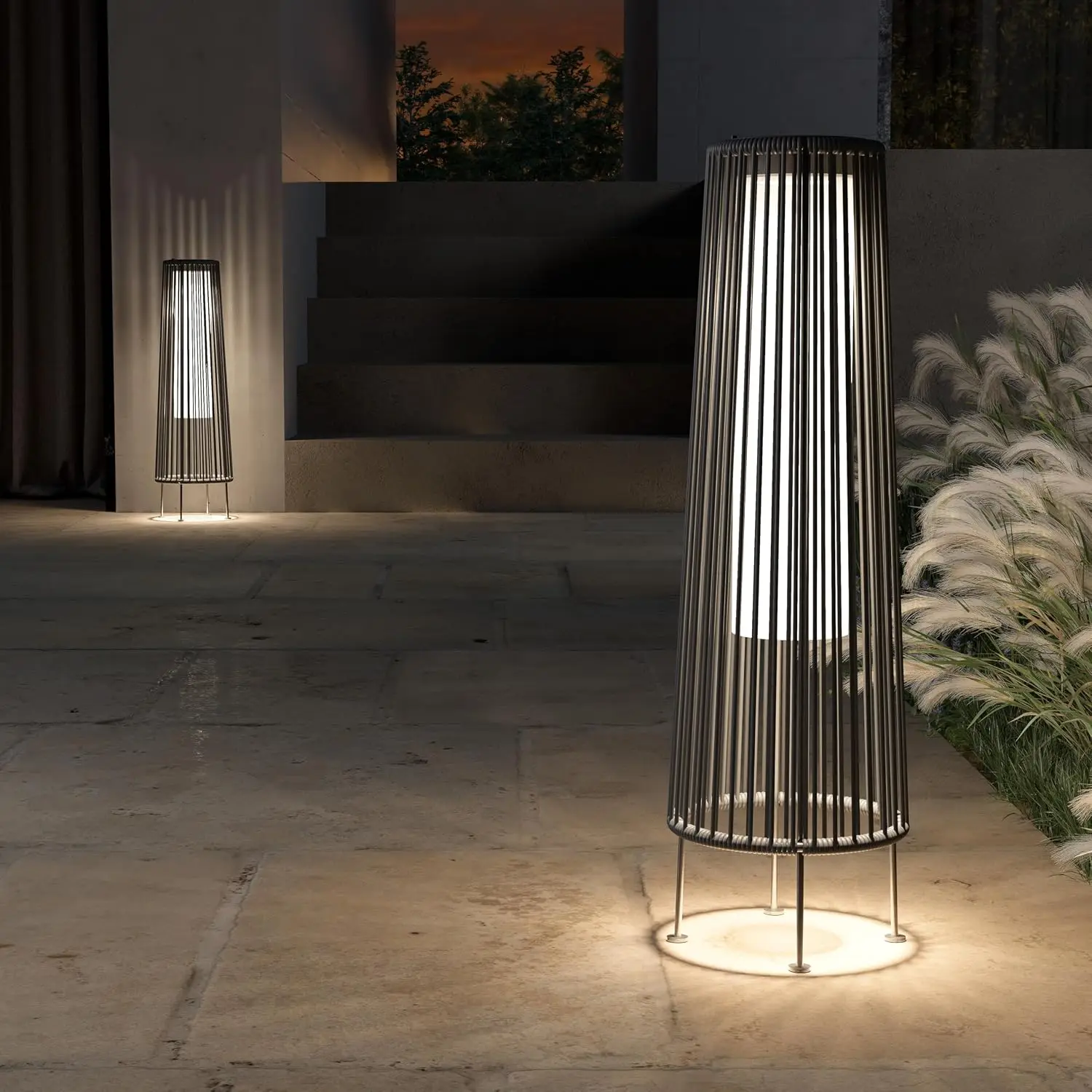 2-Pack Solar Floor Lamp with Wicker Design, IP65 Waterproof Outdoor Patio Light for Porch Yard Garden, 27-inch Tall Automatic Dusk-to-Dawn Lantern