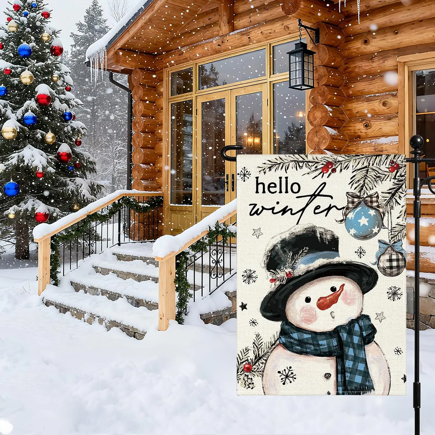 OTOSTAR Christmas Garden Flag 12x18 Inch, Light Blue Double Sided Snowman Pine Xmas Ball Outdoor Flag Hello Winter Holiday F uui