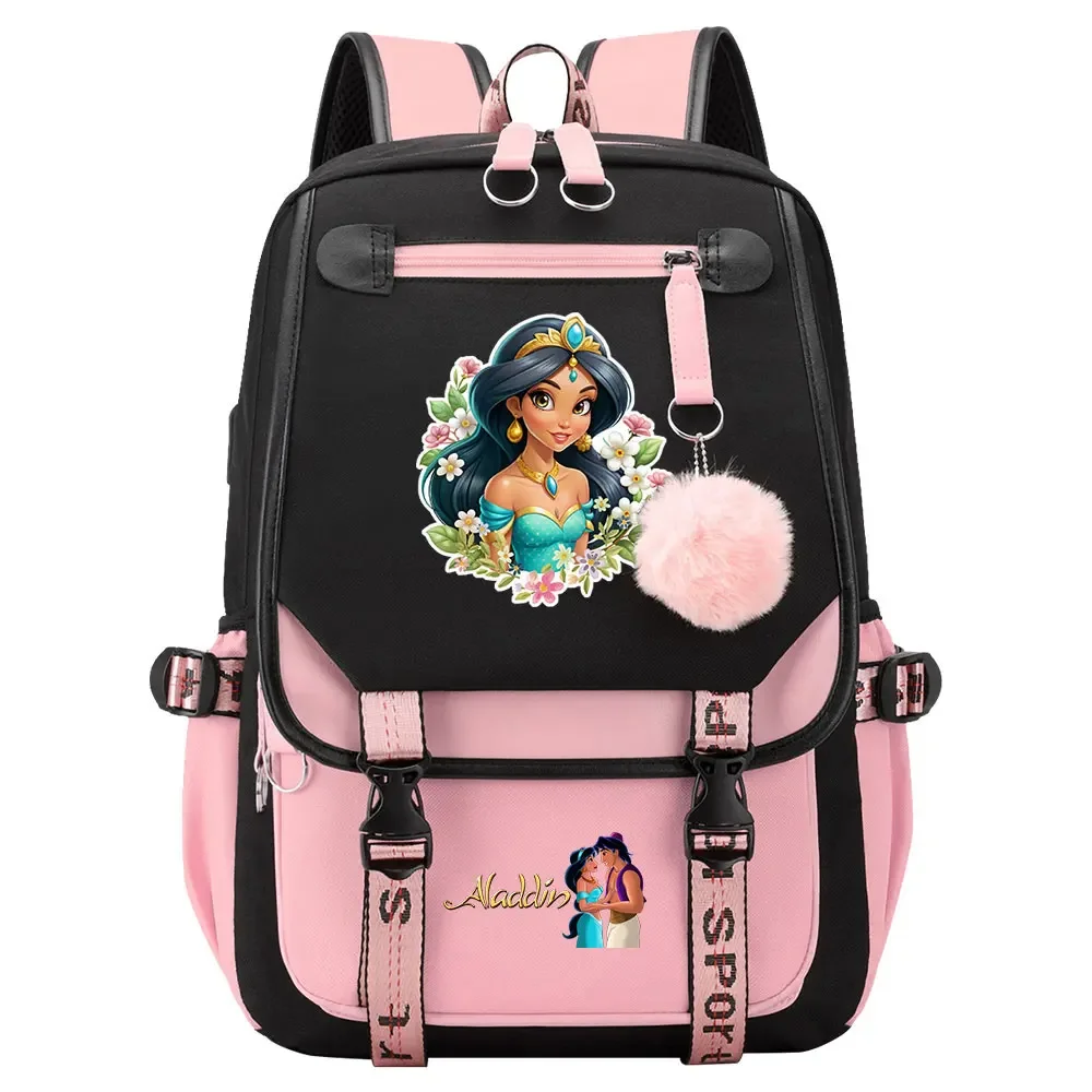 Teenagers Laptop Travel Student Backpack USB Women Bagpack  Jasmine princess Aladdin Boys Girls Kids School Book Bags