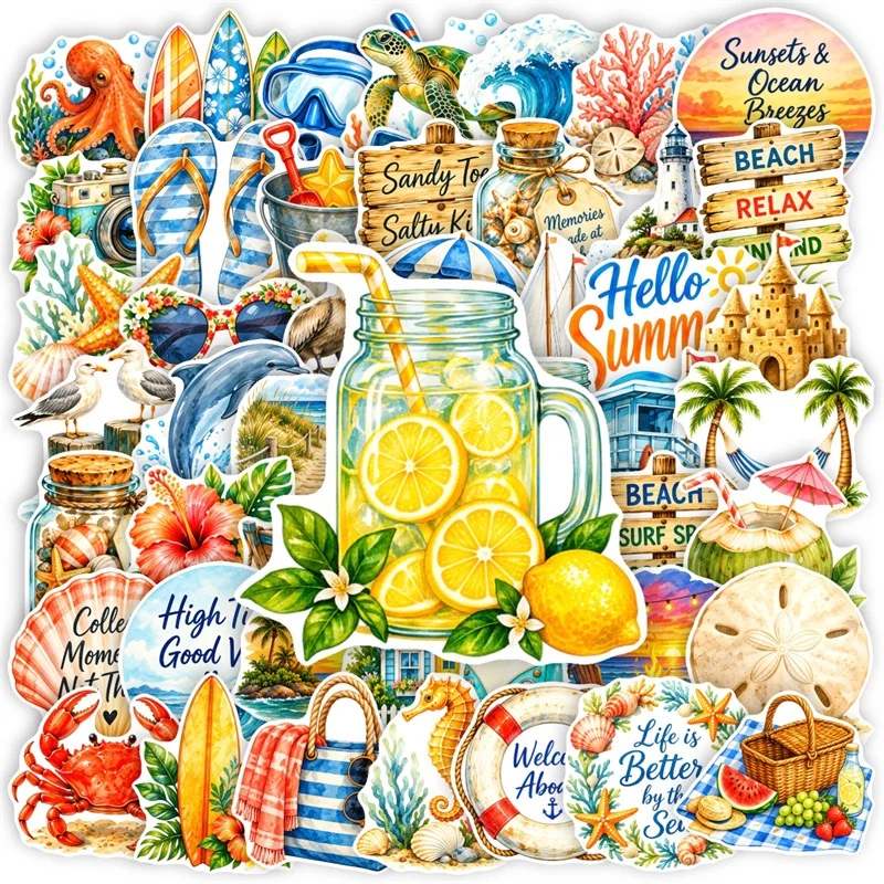 50/100/150PCS Colored Summer Beach PVC Sticky Sticker Phone DIY Decoration Japanese Stationery Journaling Scrapbooking Supplies