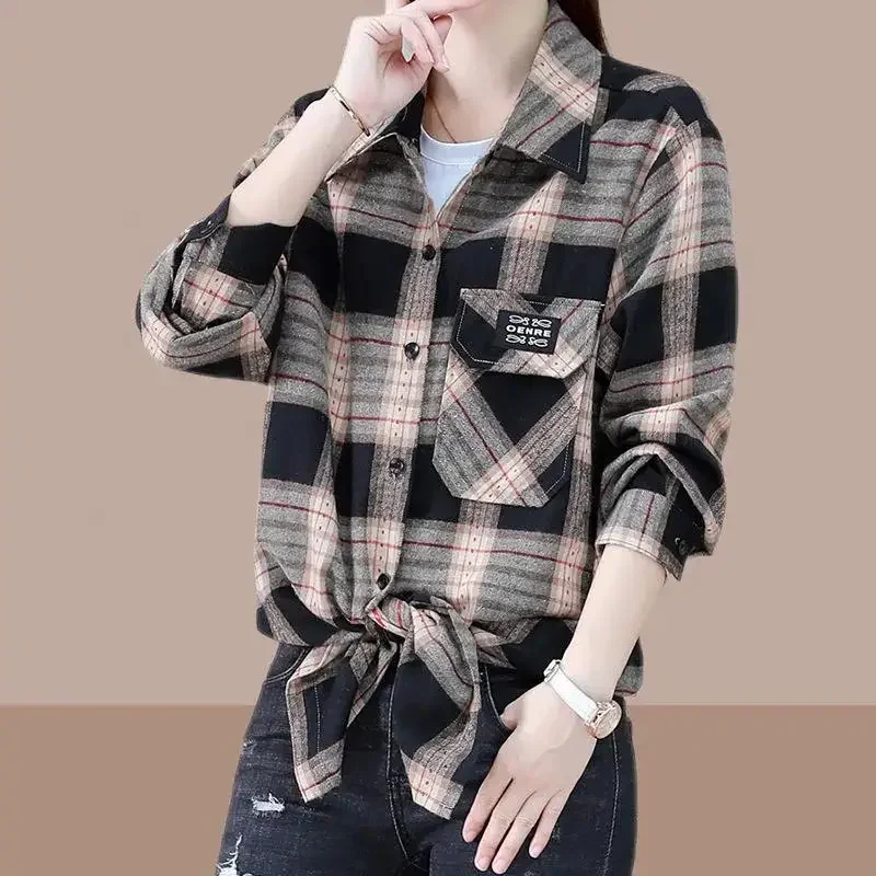 Spring Autumn New Loose Slimming Mid Length Checkered Shirt for Women\'s Western Style Age Reducing Coat Commuting Versatile Top