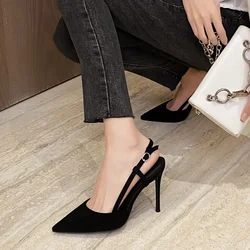 6cm Shoes Luxury Women Sandals Flock Pointed Toe Thin High Heels Ankle Wrap Black Banquet Party Women Shoes 40 41