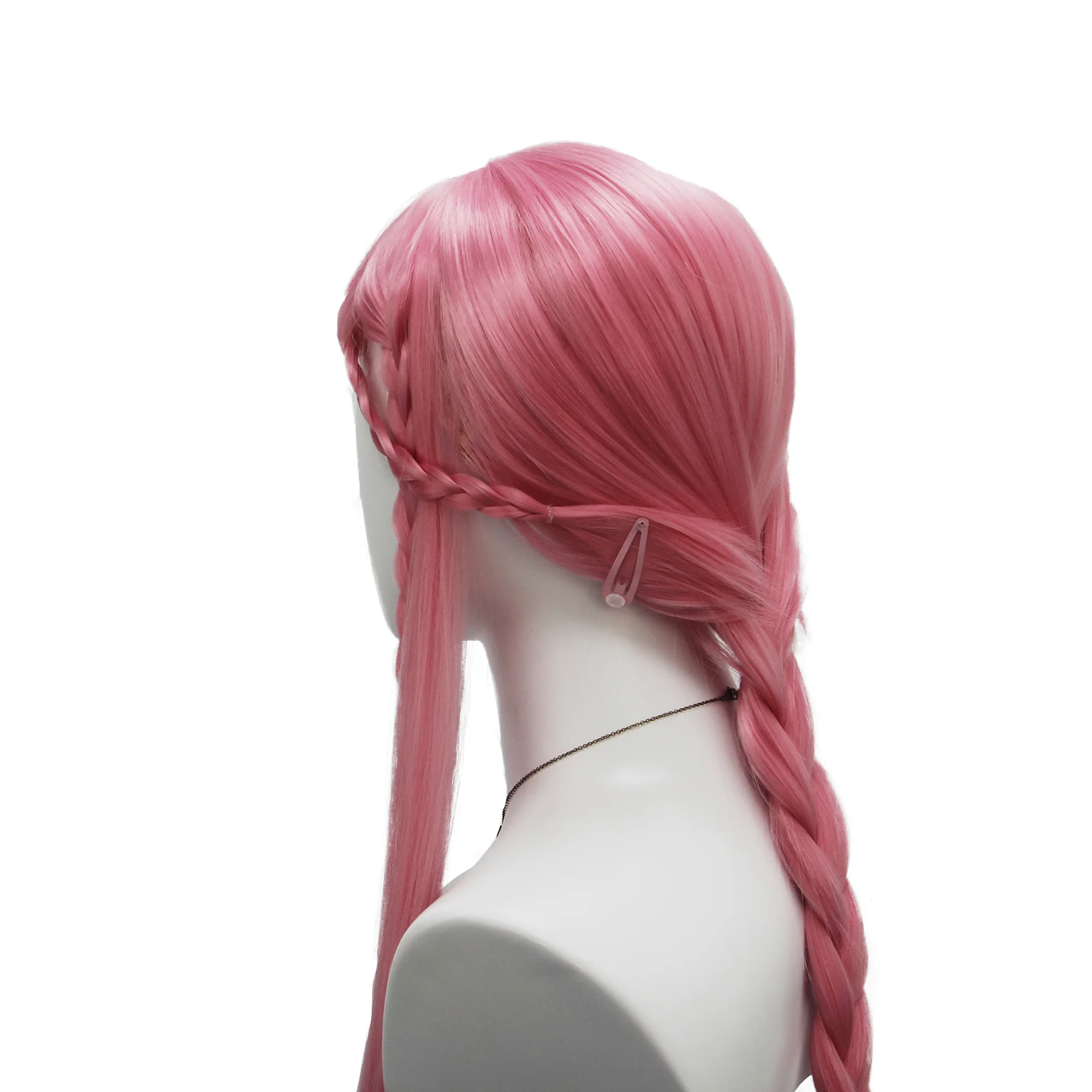 Pink anime cosplay long straight hair with side-swept bangs two small pink braids and two teardrop-shaped hairpins easy to style