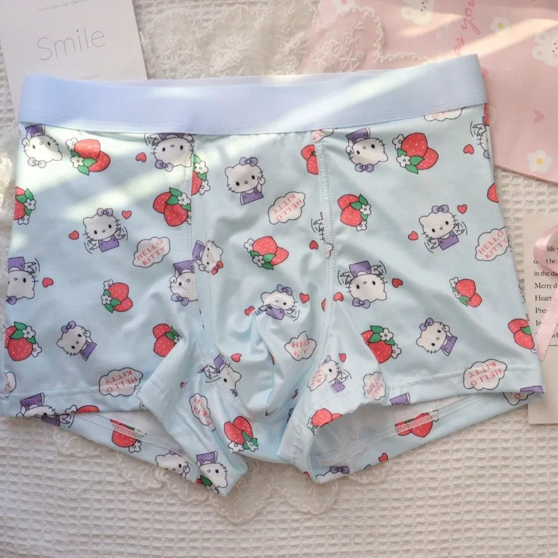 Hello Kitty Kawaii Strawberries Men Underwear Anime Cartoon Cute Printing Boxers Summer Cool Breathable Ice Silk Boyfriends Gift