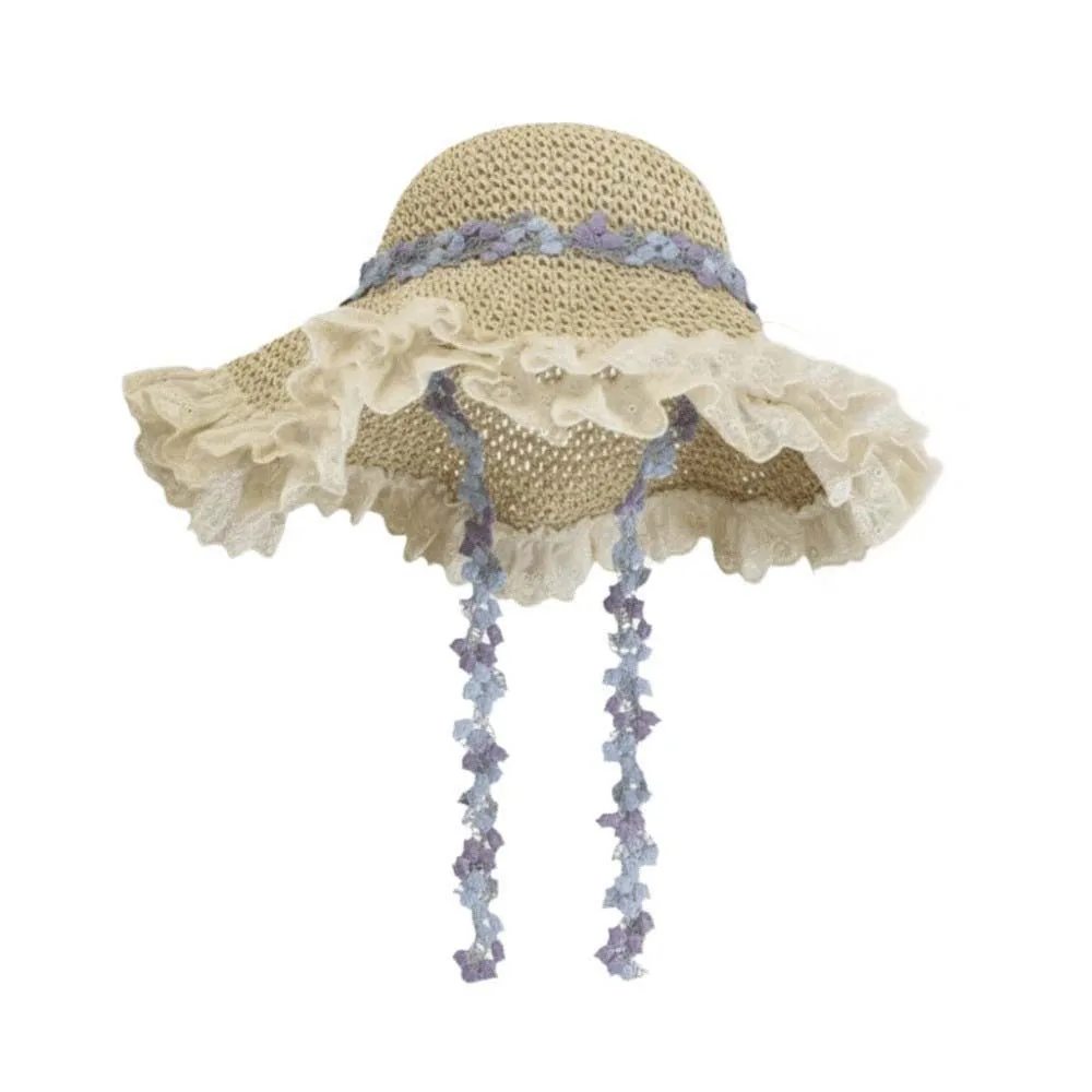 

Breathable Vacation Beach Cap Lightweight with Lace Big Brimmed Straw Hat Sombrero Sunshade Topi Woven Sun Cap Performances