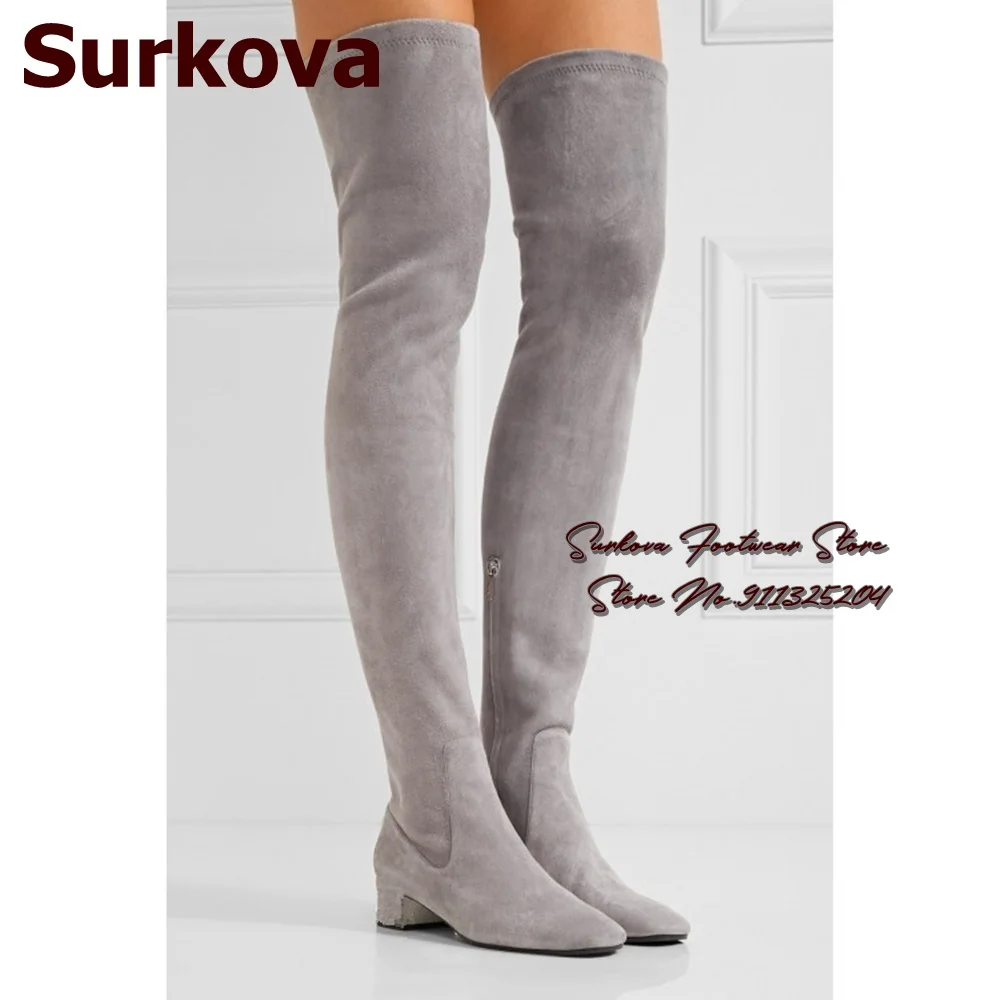 Surkova Women Sexy Thick Heel Elastic Suede Thigh High Boots Slim Boots Gladiator Long Boots Chunky Heels Dress Shoes Dropship