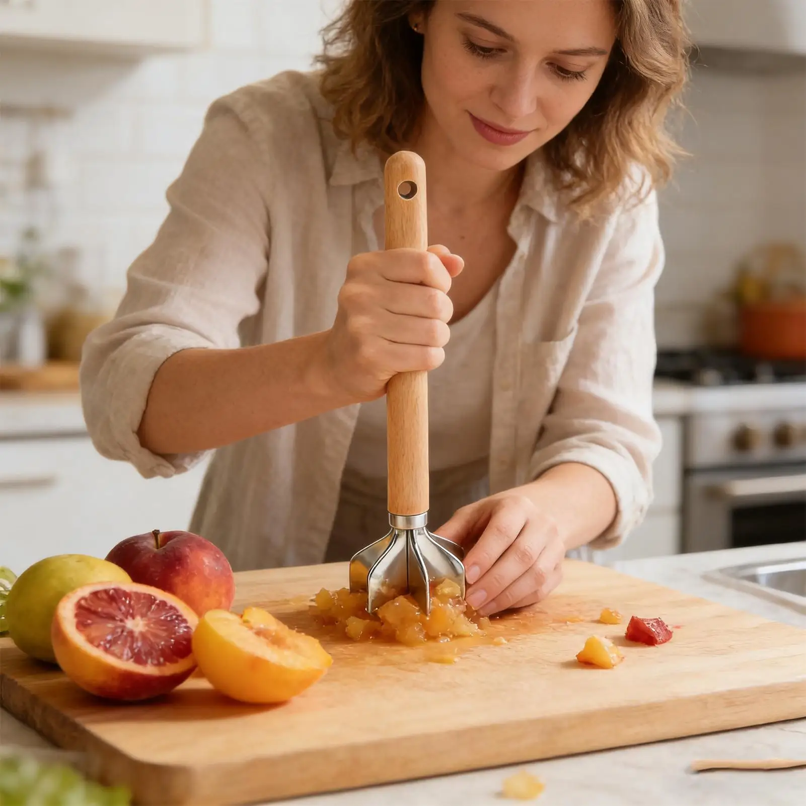 Fleischzerkleinerer mit Holzgriff & Antihaftbeschichtung Robuster Lebensmittelzerkleinerer für Kartoffeln Gemüse Rindfleisch Nüsse, für Zuhause und Restaurant