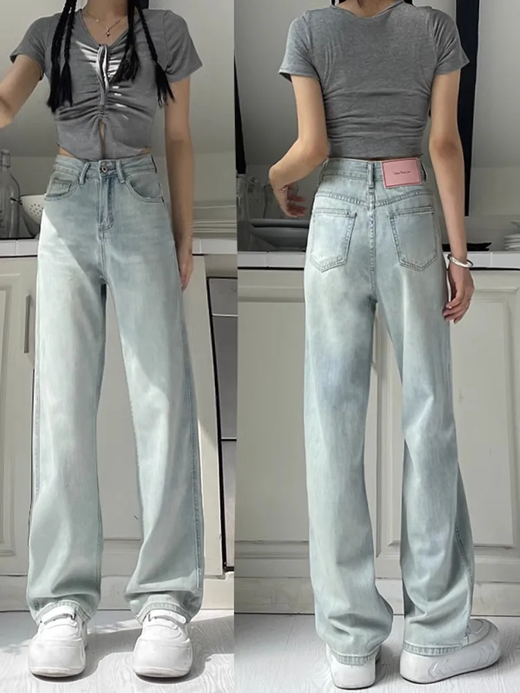 

High Waist Straight Leg Light Wash Denim Jeans Women's Autumn Winter Slim Fit Wide Leg Pants Tapered Design Summer New Arrival