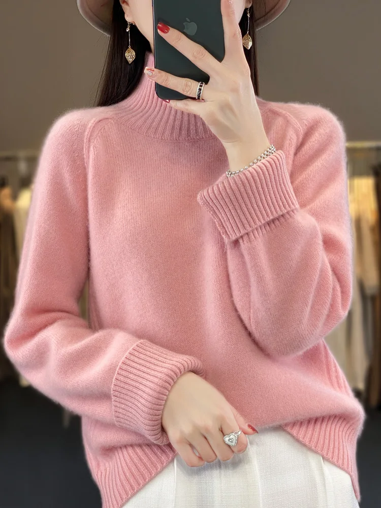Autumn Winter Women's Turtleneck Sweater Pullovers 100% Merino Wool Knitted Raglan Sleeve Cashmere Korean Popular Clothes Tops