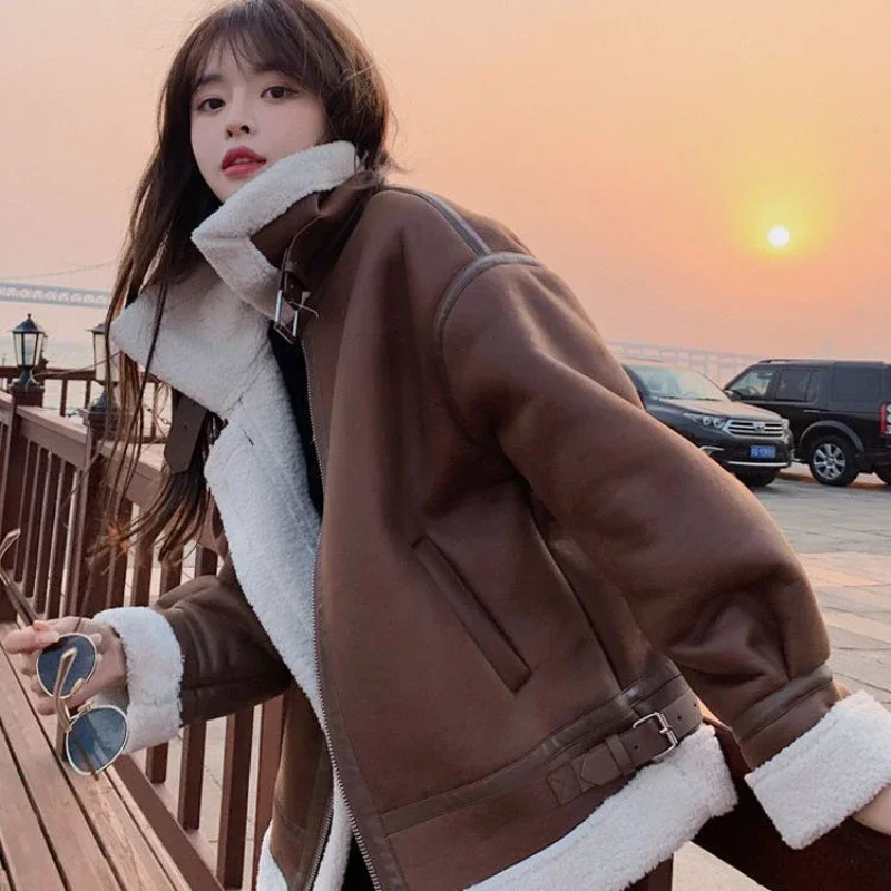 Winter New Lamb Wool Coat Solid Color Suede Jacket Women's Street Retro Harajuku Punk Loose Versatile Short Motorcycle Clothing