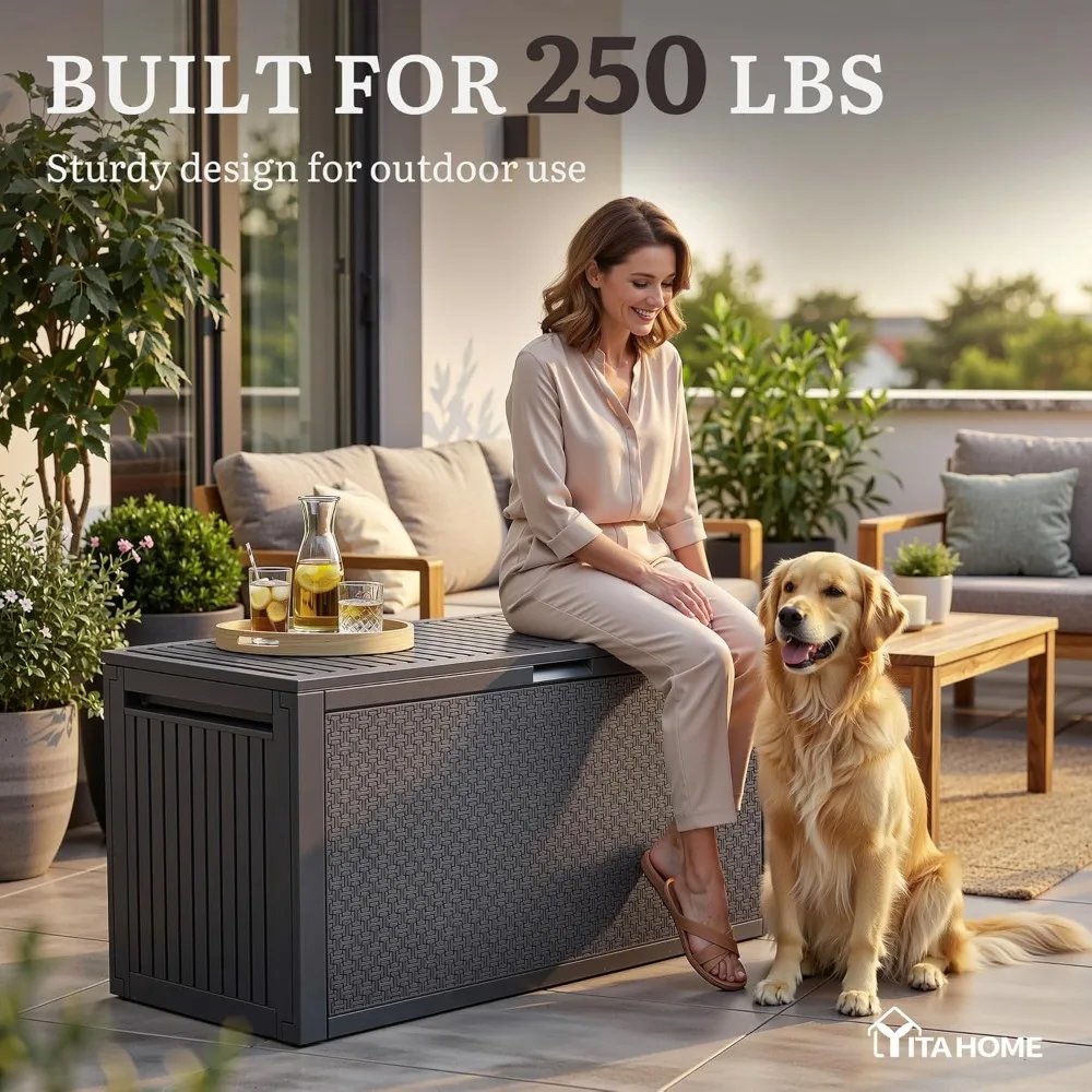 95 Gallon Outdoor Storage Deck Box, Waterproof Resin, Lockable & UV Resistant, with Handles for Patio Furniture Garden Tools, Dark Gray view 2