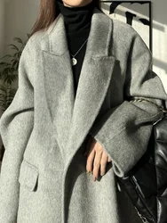 High-end New Long Fur Thick Double-sided Wool Cashmere Coat Long Autumn Winter Lapel Lace-up Woolen Coats Women Trench Overcoat