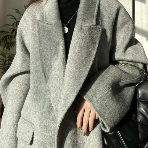 여성용 긴 모피 두꺼운 양면 양모 캐시미어 코트, 긴 라펠 레이스업 모직 코트, 트렌치 오버코트, 가을 겨울, 하이엔드 신상