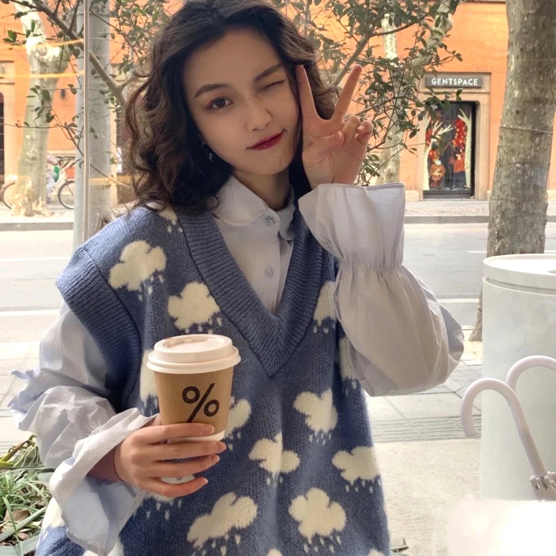 Autumn Knitted Pullover Sweater Vest Women Sleeveless Cloud Print V-neck Sweaters Loose Knit Vest Top Winter Clothes Women 15990