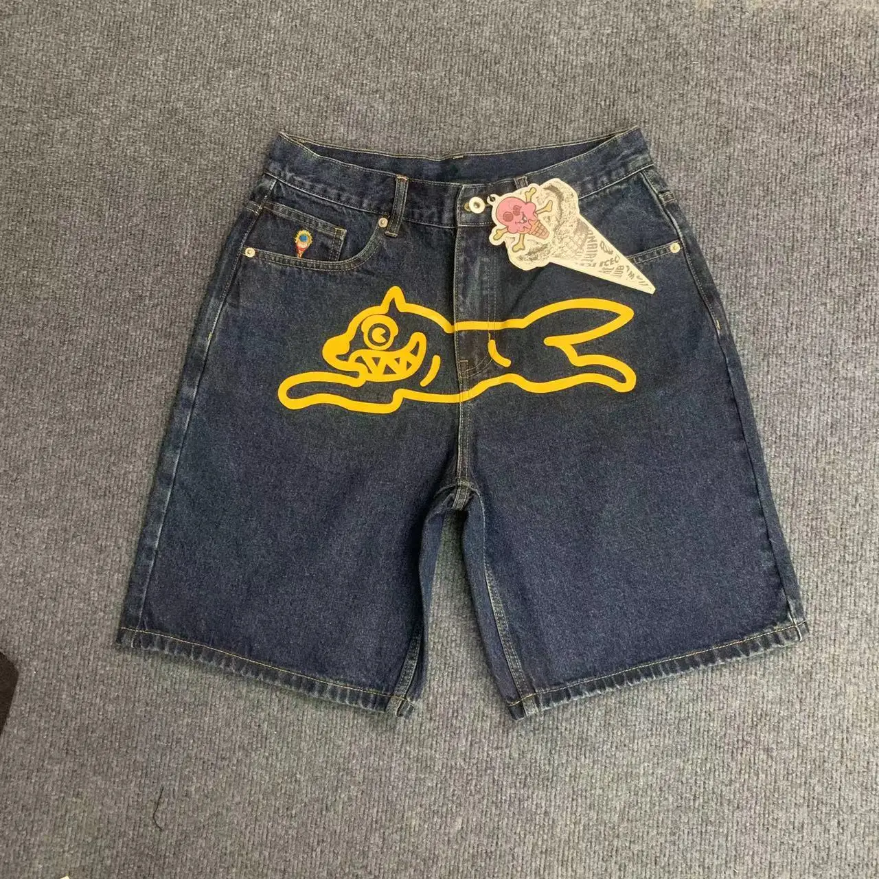 

American Streetwear Brand Running Dog Print Denim Shorts High Quality 1:1 Fashion Casual Short Jeans High Quality Denim Shorts