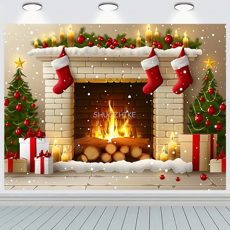 

New Year Christmas Day Festival Photography Backdrop Fireplace Living Room Gift Holiday Flowers Hall Wedding Background RS-28