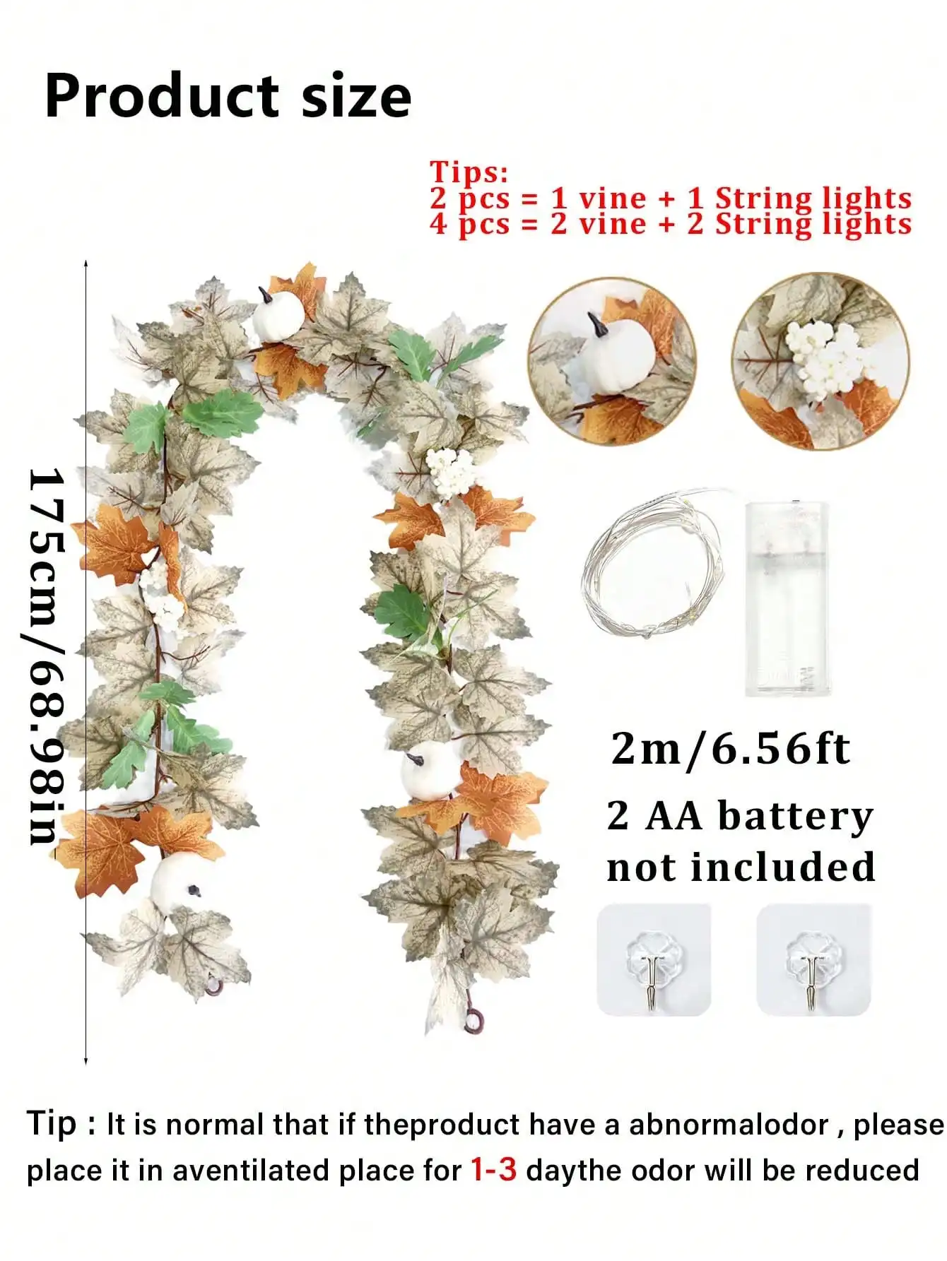 4pcs Artificial Autumn Maple Leaf Vine With LED String Lights, Berries And Pumpkins, Hanging Decor For Thanksgiving Table, Room, Stairs, Windows, Porch, Garden Fence, DIY Wreath, Thanksgiving Harvest Home Decoration - view 2
