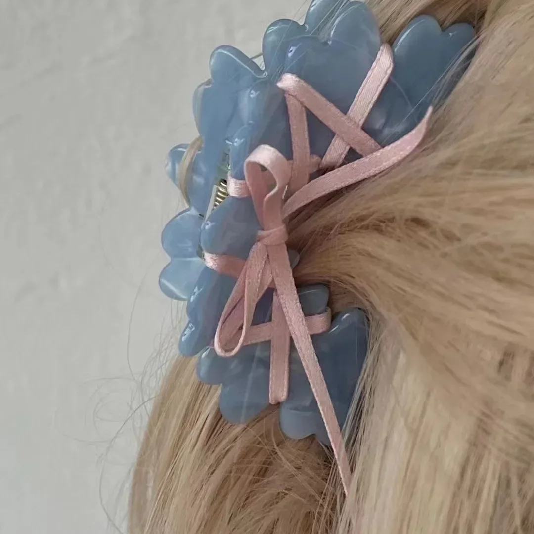 Muweordy Acrylic Ballet Style Hair Claw Korean Ribbon Tie Bow Hair Clips Sweet Girl Wave Grab Clip Hair Accessories for Women