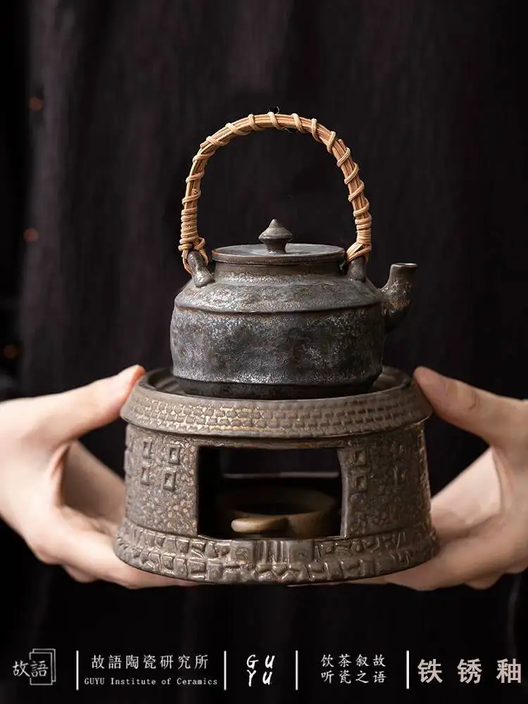 Gilt Rust Glaze Teapot Single Pot Japanese Retro Kiln-Fired Home Tea Warmer Set With Heating Base