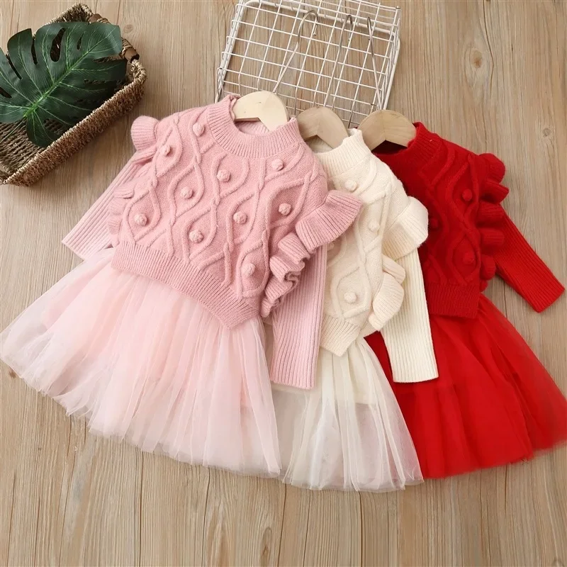 Girls Knitted Dresses Spring Autumn Children Jersey Sweaters Vest Dress 2pcs Princess Suit For Baby Clothes Kids Sets 2 3 4 5 6