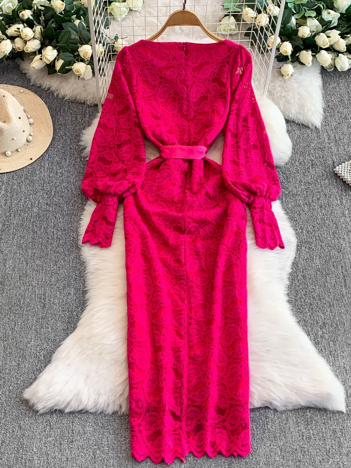 Ele Lace Lantern Sve Wedding Dr Women's Autumn Belted Long Dr High Waist A-Line Skirt Formal Ocn Dr