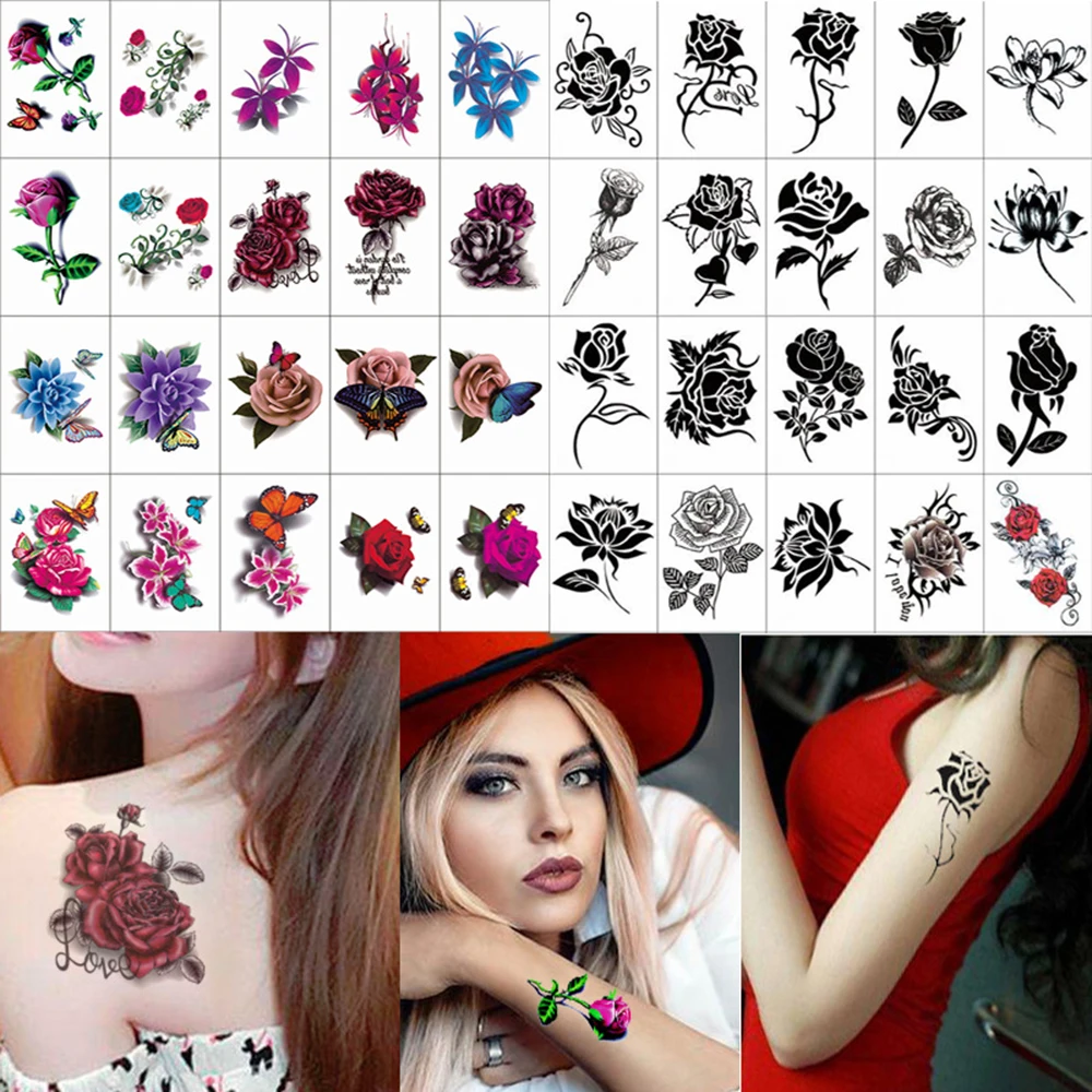 

3D Butterfly Tattoos Sticker for Women Temporary Body Art Tattoo Sticker Rose Flower Feather Tattoo lady Waterproof Fake Tatoo