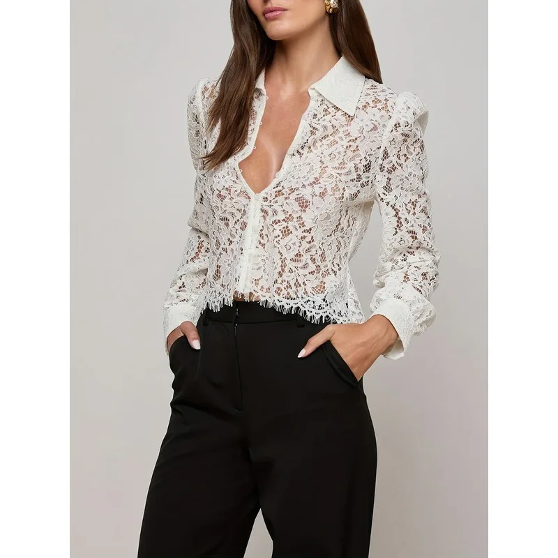 Women's European and American style lace lapel top long sleeved tassel edge short style see through shirt 2026 spring new item