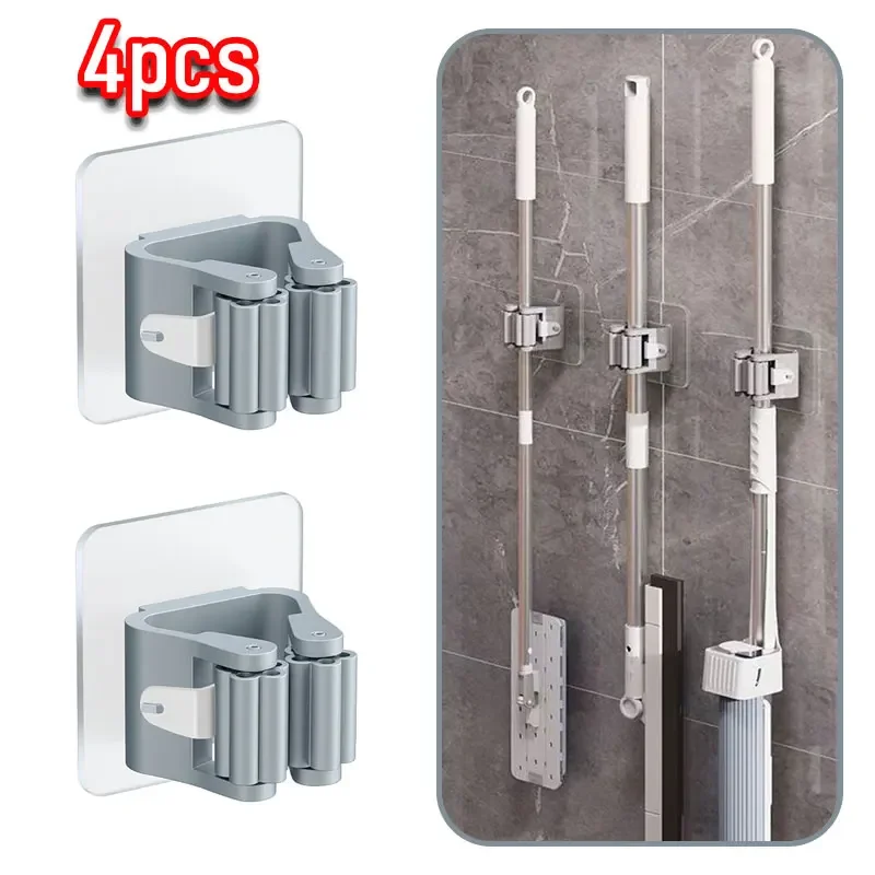 4PCS Wall Mounted Mop Organizer Holder Wall-Mounted Waterproof Mop Storage Rack Broom Hanger Hooks Household Tools