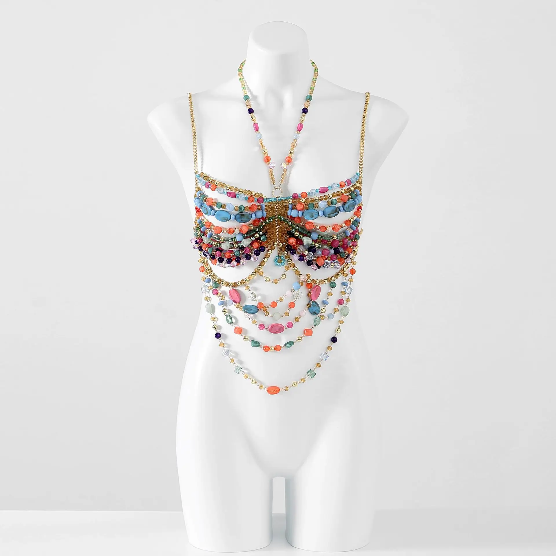 

Fashion Casual Gemstone Bra Body Chain Spicy Girl Bra European And American Backless Hanging Neck Bead Strapless Handmade Body