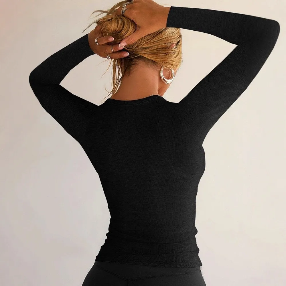 Women's Clothing Blouse V Neck Solid Color Longsleeve Blouses Black Scalloped Neckline Ribbed Knit Top Slim Fit Crop Length