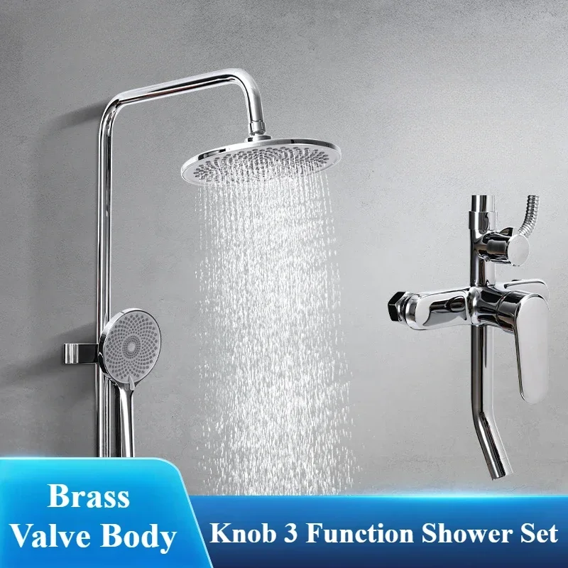 

Brass Valve Body knobbly Three Function Shower System Wall Mounted Rainlfall Pressurized Hot Cold Shower Faucet Set for Bathroom