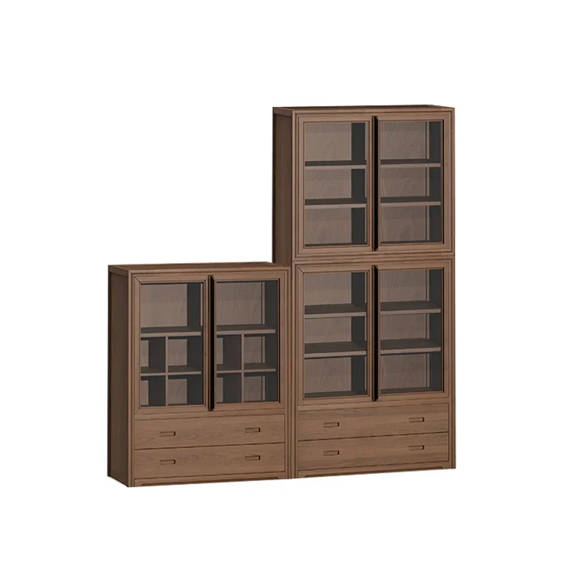 Pu wood New Chinese Black Walnut Bookcase Solid Wood Locker Display Cabinet Whole Wall Glass
