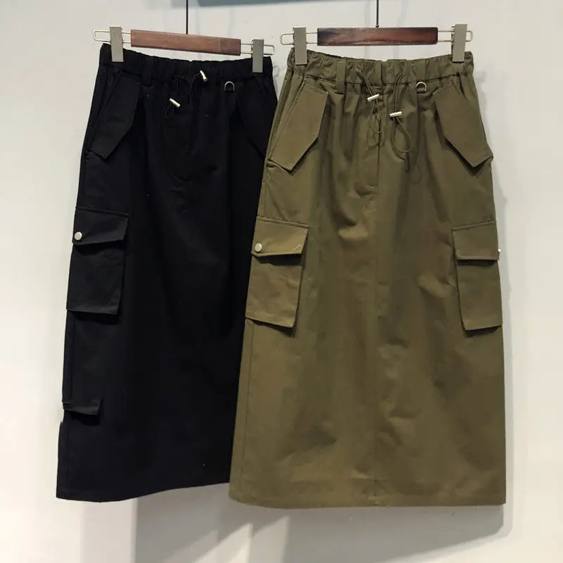 

100% Cotton Y2k Skirts Elastic Waist Cargo Skirts for Women 2023 Spring Summer Drawstring Girls Full Length Skirt Black