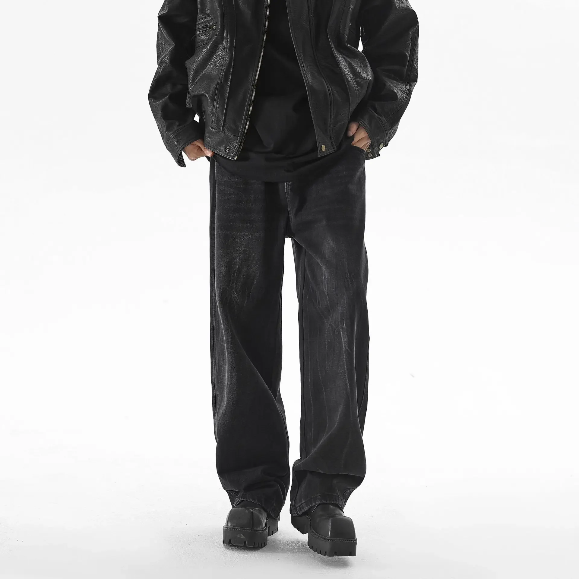 2025 New Men's Vintage Wide Legs Jeans Korean High Street Casual Washed Distressed Baggy Straight Trousers Japanese Streetwear