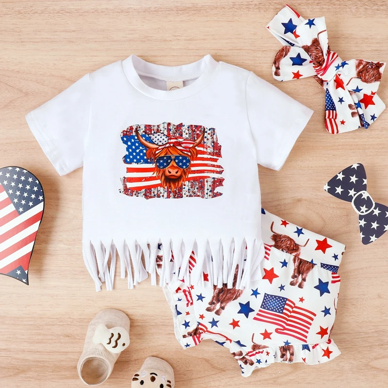 

4th of July Infant Girls Outfit Cow Head Glasses Print Tassel Hem Tee Flag Star Stripe Shorts Headband 3Pcs Set