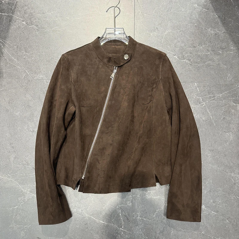 Retro Coffee Suede Kid Leather Short Jacket for Women 2025 Fall Fashion Diagonal Zipper A-level Real Leather Full Sleeve Jackets