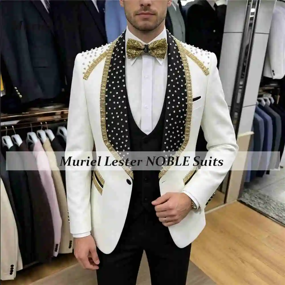High End Beading Men's Suit Formal Wear 3-Piece One Button Prom Blazer Vest Pants Luxury Groom Tuxedos Customized Man Outfits